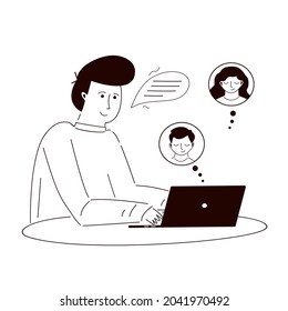 Colleagues talk to each other on laptop screen. Conference video call and work from home concept. Man freelancer meeting up with business team. Line art, doodle and hand drawn. Vector illustration