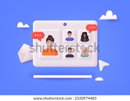 Colleagues talk to each other on the computer screen. Videoconferencing and online meeting workspace. 3D Web Vector Illustrations.