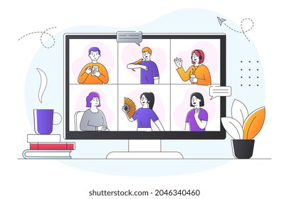 Colleagues talk to each other via video link. Online conference of employees to discuss project. Remote work or home office. Cartoon doodle flat vector illustration isolated on white background