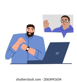 Colleagues talk to each other via video link. online working meeting. Video conferencing, work from home. vector illustration flat.