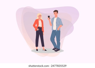 Compañeros hablando durante la Ilustración vectorial de descanso. Mujer joven en ropa formal y hombre con el teléfono inteligente. Comunicación, concepto de empleados de oficina