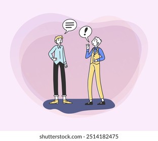 Colleagues talking to each other flat vector illustration. Men chatting with dialog bubbles and gestures. Communication, conversation, discussion concept for banner or web design