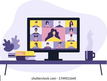 Colleagues Are Talking To Each Other On A Computer Screen. Conference Video Call, Work At Home. Vector Flat Illustration.