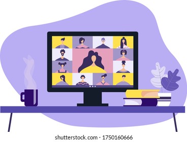 Colleagues are talking to each other on a computer screen. Conference video call, work at home. Vector flat illustration.