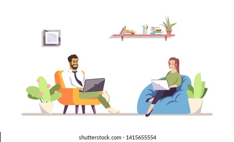 Colleagues talking flat vector illustration. Happy partners, coworkers, employees sitting at office. Programmers, designers working with laptops isolated, cartoon characters. Lounge zone, coworking