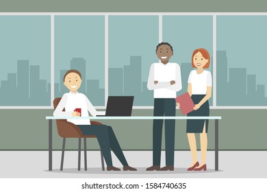 Colleagues talking and laughing in office. Vector illustration.