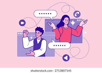 Colegas conversando através de telas de chamada de vídeo com bolhas de bate-papo. Conceito de reunião remota de equipe, comunicação virtual em conferência, discussão em webinar on-line e estratégia de colaboração de trabalho digital.