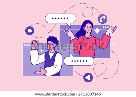 Colleagues talking via video call screens with chat bubbles. Concept of remote team meeting, virtual conference communication, online webinar discussion, and digital work collaboration strategy.