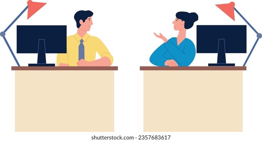 Colegas hablando en el lugar de trabajo. Escritorio de equipo de trabajo de Office
