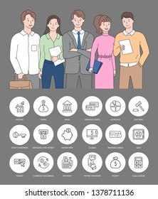 Colleagues team closeup view, round links income, purse and bank, banking card, schedule and start business, money box, currency exchange, payment vector, icons for teamwork