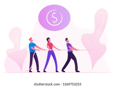 Colleagues Team Pulling Rope in Tug of War Competition for Finance Success and Leadership Position. Corporate Rivalry, Opposition and Fighting in Office Concept. Cartoon Flat Vector Illustration