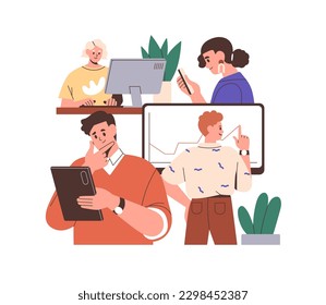 Colleagues team works under project, contributing to common business, company. Different roles, individual job in teamwork. Concept flat graphic vector illustration isolated on white background