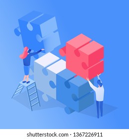 Colleagues teamwork, partnership isometric vector illustration. Programmers brainstorming, creative solution searching process 3D clipart. Jigsaw puzzle missing details
