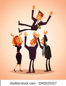 Colleagues throw in the air happy smiling office worker businessman winner character. Teamwork concept. Vector flat cartoon illustration