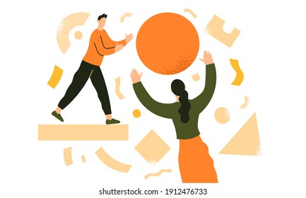 Kollegen werfen den Ball gegeneinander. Teamarbeit, Geschäftspartnerschaft, Mitarbeit. Teammetapher. Kreatives Unternehmenskonzept. Flache Vektorgrafik im trendigen Stil.