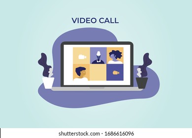 Colleagues video call, working from home on the computer screen, vector illustrator