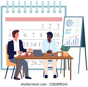 Colleagues work with creating plan, schedule. Daily planning, time management, scheduling concept. Teamwork of business partners, employees. Men discussing to do list, calendar at workplace