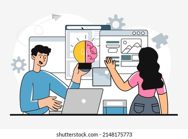 Colleagues at work. Man and girl analyze pages of website, marketing research, SMM specialists. Design development for company page, brainstorming, insight and ideas. Cartoon flat vector illustration