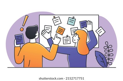 Colleagues at work. Man and girl distribute goals and tasks, employees work on same project. Partnership and coworking, characters in company office, smart board. Cartoon flat vector illustration