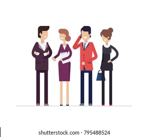 Colleagues at work - modern flat design style isolated illustration on white background. Smiling cheerful cartoon characters. Men and women wearing official clothes, speaking on the phone, talking