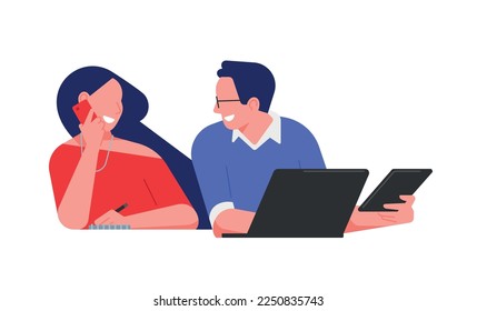 Colleagues work next to each other. Business concept minimal illustration. Men and women taking part in business activities. Teamwork in the office. Modern trendy concepts for web sites.