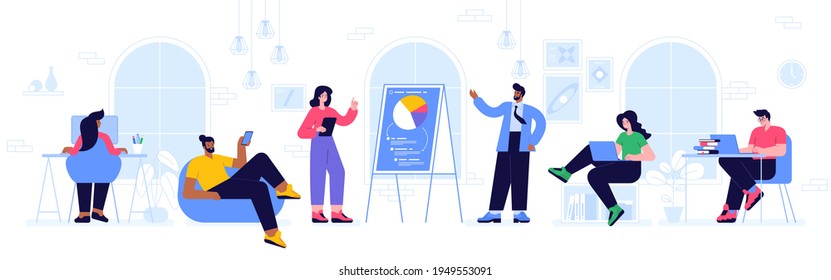 Colleagues Work In Open Office. Team Work On Project. Business Meeting Or Training. Employees Work At Tables, Sitting On Windowsill Or In Bag Chair. Vector Character Illustration Of Horizontal Banner