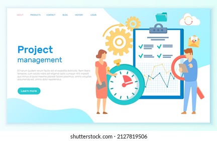Colleagues work with organizing business plan and planning strategy. Successful project management concept. People analyze business data and financial statistics. Website landing page template