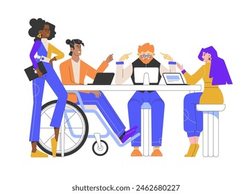 Colleagues work together in a coworking space. The guys are sitting with laptops at their desk. Discussion, brainstorming, problem solving. Digital team. Vector flat illustration. 