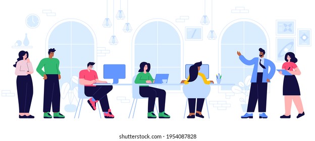 Colleagues work together in open office concept. Team building and team work on project. Employees in coworking space. Business meeting or training. Vector character illustration of horizontal banner