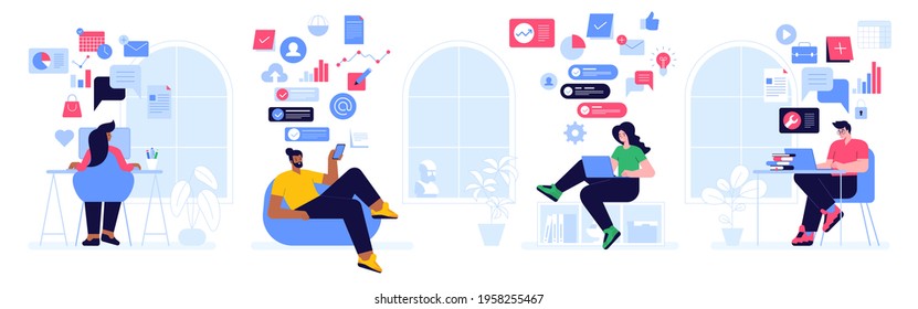 Colleagues work together in open office concept. Team work on project, doing tasks. Employees work at tables, sitting on windowsill or in bag chair. Vector character illustration of horizontal banner