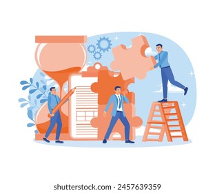Los colegas trabajan juntos para el Plan de una nueva estrategia empresarial. Completa el trabajo a tiempo. Concepto de gestión de proyectos. Ilustración vectorial plana.
