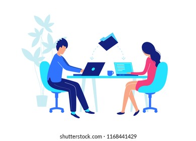 Colleagues work at workplace with laptop flat
