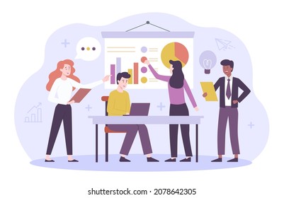 Concepto de trabajo de colegas. Escenas de la oficina, empleados analizan estadísticas. Trabajando con información, investigación de marketing. Encontrar una solución óptima, flujo de trabajo. Dibujo vectorial plano de dibujos animados
