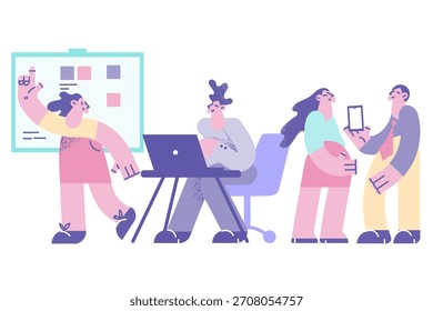 Colegas que trabajan en concepto de oficina. Grupo de compañeros de trabajo de los jóvenes que se comunican haciendo la presentación sentado en la Ilustración vectorial del ordenador portátil