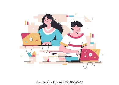 Colleagues working in office together vector illustration. Teamwork on laptop working at new project or startup. Working from home. Remote job, freelancer concept.