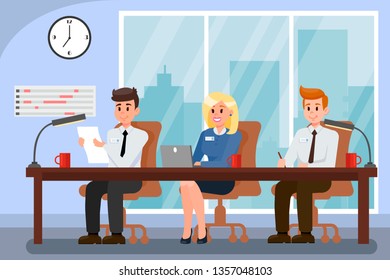 Colleagues Working in Office Vector Illustration. Busy Workers during Workday. Selection Commitee. Seminar, Meeting. HR Managers. Clock, Schedule on Wall. Employment Service. Headhunting
