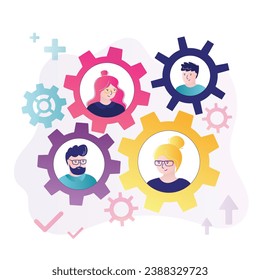 Colleagues working on common project, goals. Team or organization, collaboration for success, team effort concept, business people working to rotate connected cogwheels gear. Successful teamwork.