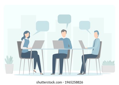 Compañeros trabajando en laptops en la oficina. Trabajo en equipo. Ilustración vectorial. 