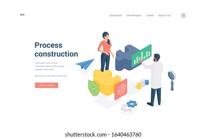 Colleagues working on project together. Isometric man and woman analyzing data and connecting pieces of puzzle while representing process construction on website banner