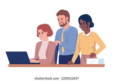 Colegas que trabajan en proyectos juntos de caracteres vectoriales de color semiplano. Cifras editables. Gente de cuerpo entero en blanco. Ilustración simple de estilo de dibujos animados para diseño gráfico web y animación