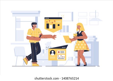 Colleagues working at project vector illustration. Man and woman standing at modern office and discussing new startup analyzing graphs charts and diagrams flat style concept