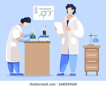 Colleagues working in team. Scientists conducting experiment. Teamwork of researchers concept. Student and professor of chemistry lessons. Chemist observing intern in laboratory, vector in flat style