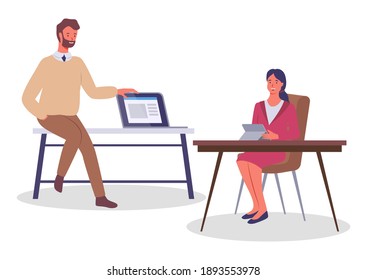 Colleagues working, teamwork process, office workers, partners, discuss, brainstorming, analysing strategy of work, businessman and businesswoman using digital tablets, discussing project or plan