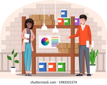 Los colegas que trabajan en tipografía se comunican durante el receso. La gente trabaja en un almacén de la imprenta. Servicios de tienda de impresión, proceso de impresión. Empleados de la empresa de impresión que trabajan y tienen descanso