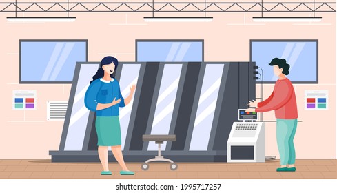 Colleagues working in typography are communicating. People work with equipment for print house. Print shop services, printing process. Printing company employees working with machine in printshop