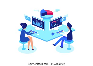 Colleagues working in workplace, isometric style, vector illustration