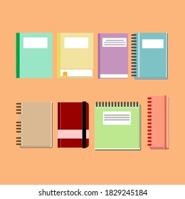 Collecction of various books, notebooks. Reading, learn and receive education through books. Read more books. Flat design style