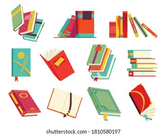 Collecction of various books, stack of books, notebooks. Reading, learn and receive education through books. Read more books. Hand drawn educational vector illustration. Flat design style