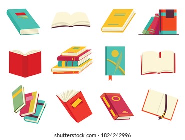 Colección de varios libros, pila de libros, cuadernos. Leer, aprender y recibir educación a través de los libros. Leer más libros. Ilustración de vector educativo dibujada a mano. Estilo de diseño plano