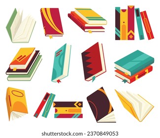 Collecction of various books, stack of books, notebooks. Reading, learn and receive education through books. Read more books. Hand drawn educational vector illustration. Flat design style